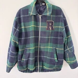 H & M Divided Letterman Varsity Plaid Navy Blue & Green Bomber Jacket Men’s S